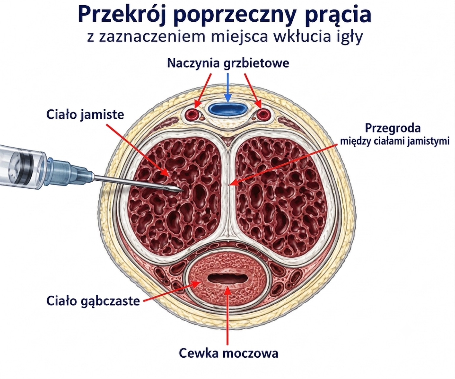Przekrój poprzeczny prącia z zaznaczonym miejscem wkłucia